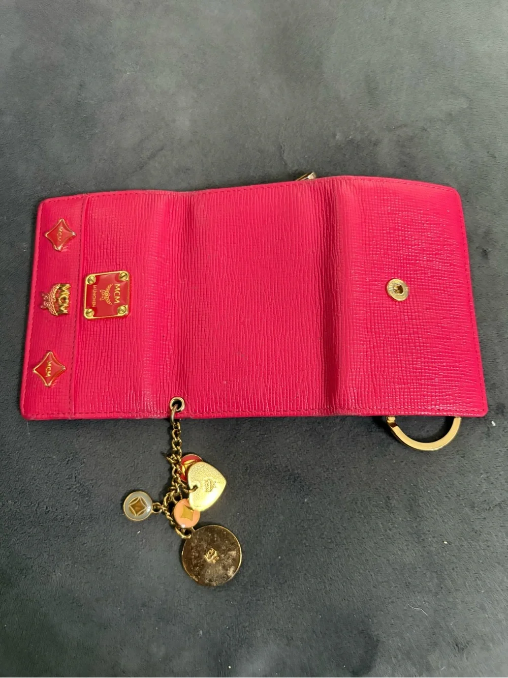 MCM Hot Pink Leather Logo Wallet with Gold Charm Keyring
